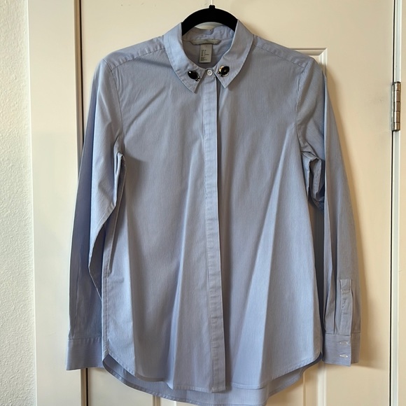H&M Blue and White Striped bejeweled Collar Button Up Shirt - Picture 1 of 7